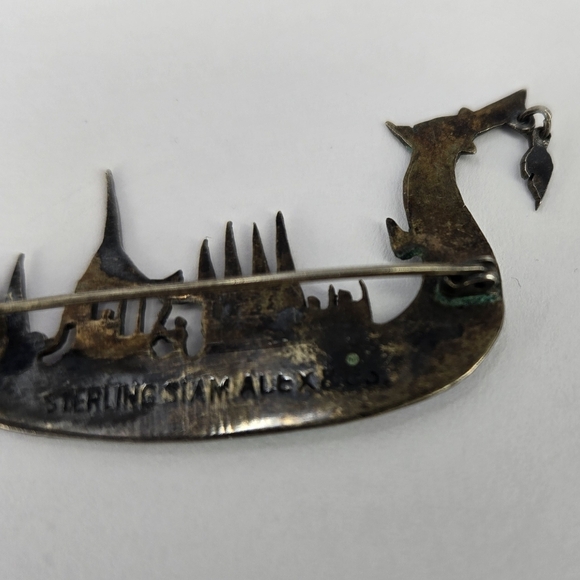 Siam Sterling Silver Brooch Shaped Like Dragon Boat Gold Plating Enamal Details - Picture 6 of 10